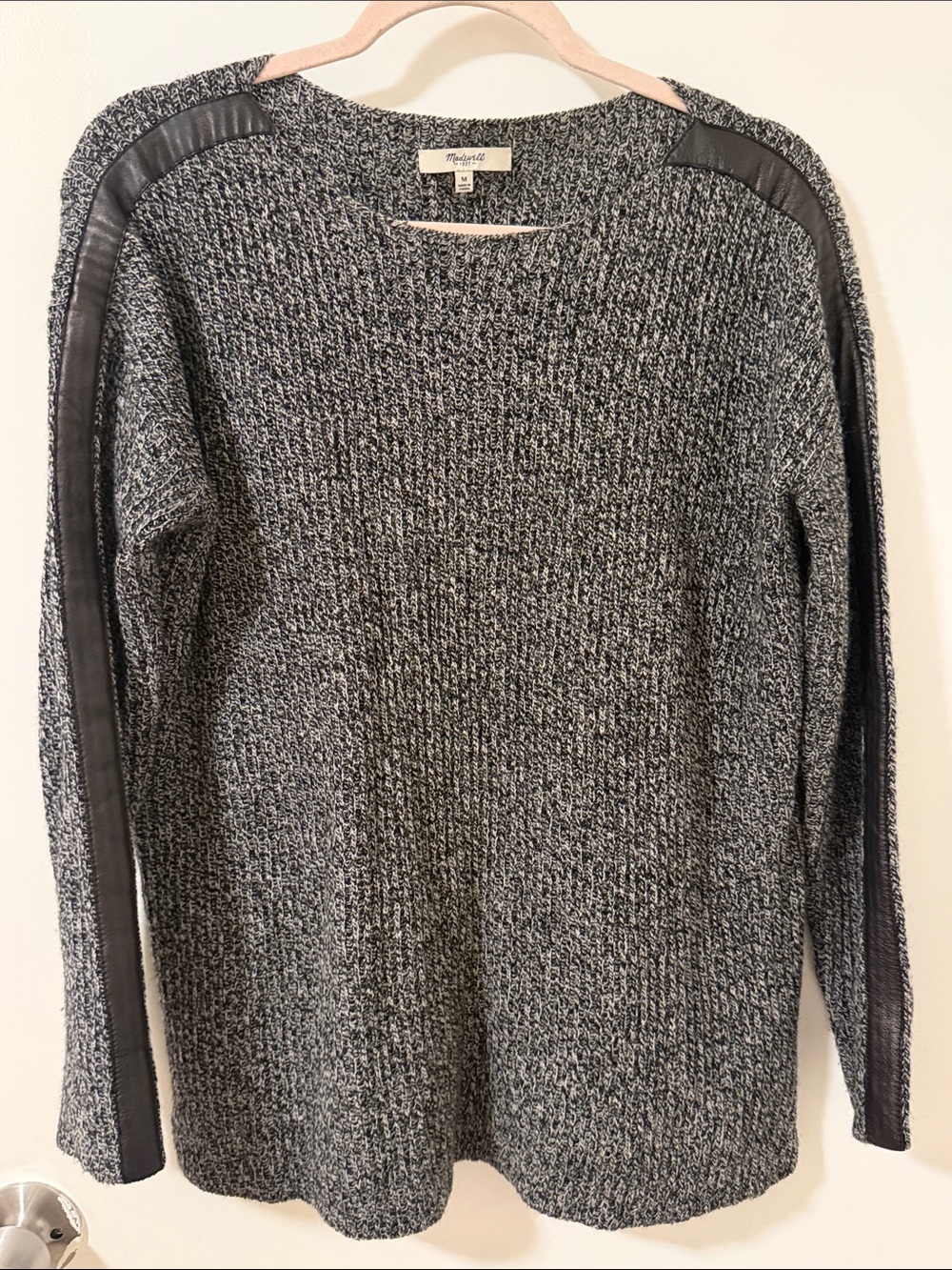 Madewell Gray and Black Heather Crewneck Sweater with Leather Shoulder Stripes